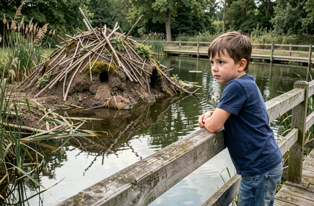 Enfant observant les castors et leur lodge à La Maison du Castor dans le Gard