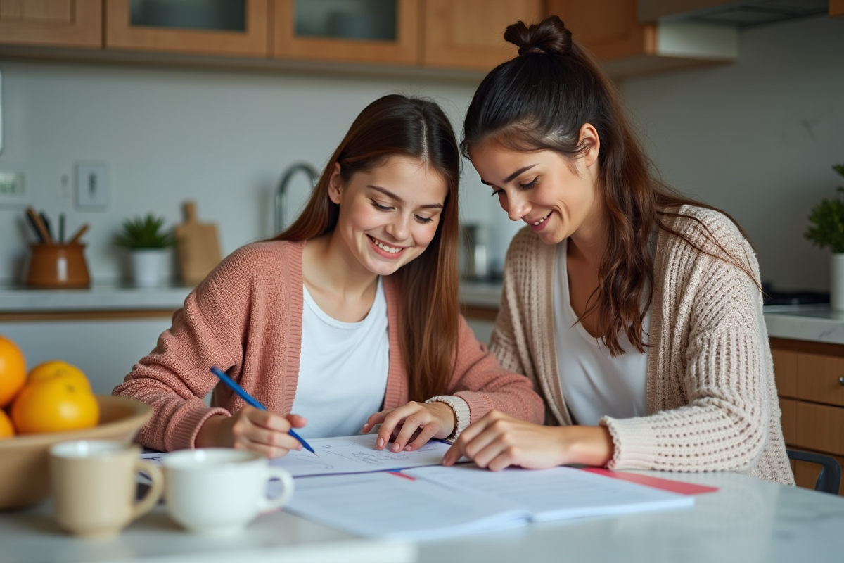 Mère et fille étudiant ensemble à la cuisine