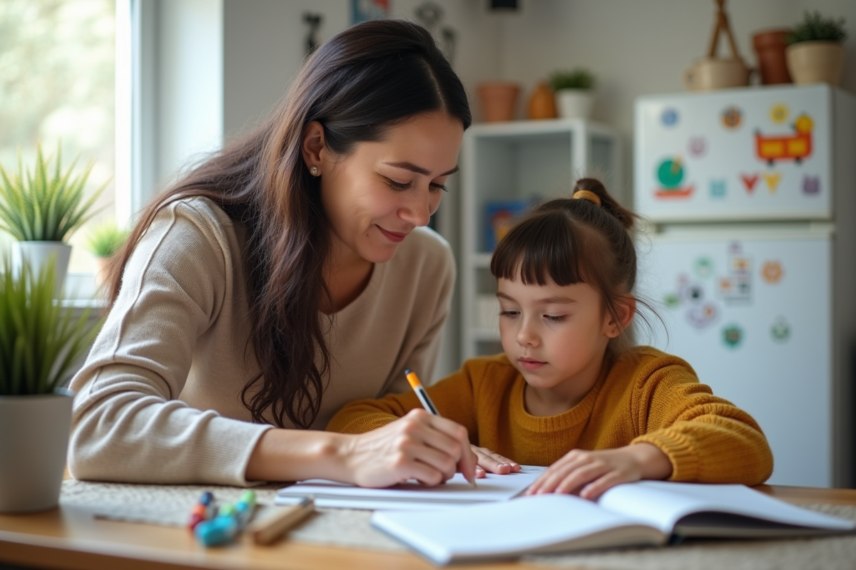 Maman aidant sa fille avec ses devoirs dans la cuisine lumineuse