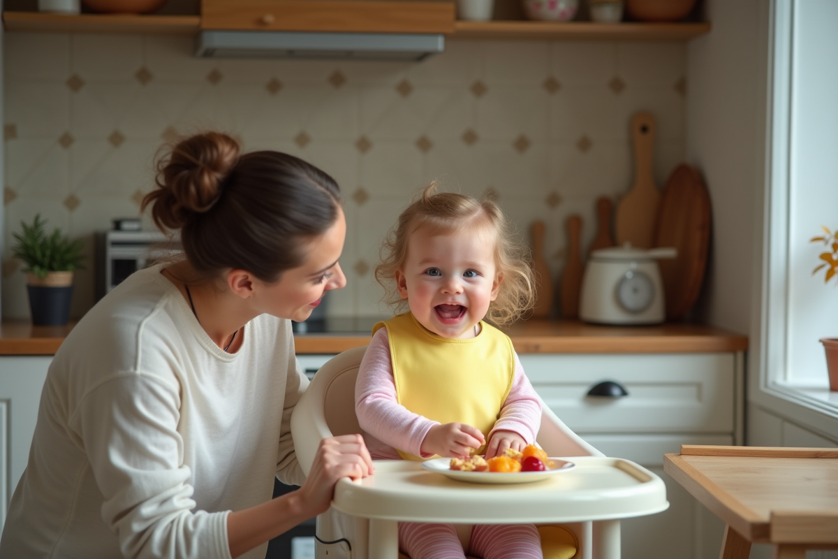 Maman surveillant sa fille de 10 mois lors du repas