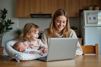 Maman avec ses enfants dans une cuisine chaleureuse