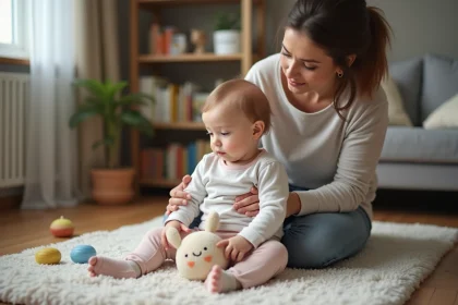 Maman soutient doucement sa fille de 10 mois sur un tapis de jeu