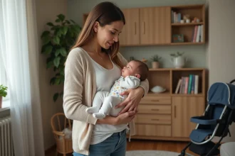 Maman douce tenant son bébé dans un salon chaleureux