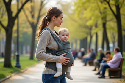 Jeune maman avec bébé dans un parc printanier