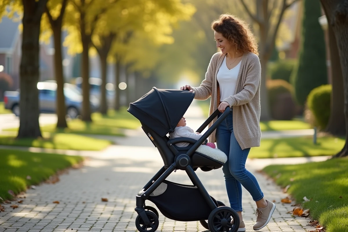 Maman place son bébé dans une poussette en extérieur