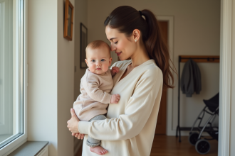 Jeune maman tenant son bébé dans l'entrée chaleureuse