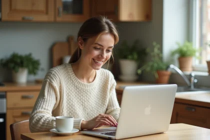 Maman trentenaire lisant un blog de maternité sur son ordinateur dans une cuisine chaleureuse