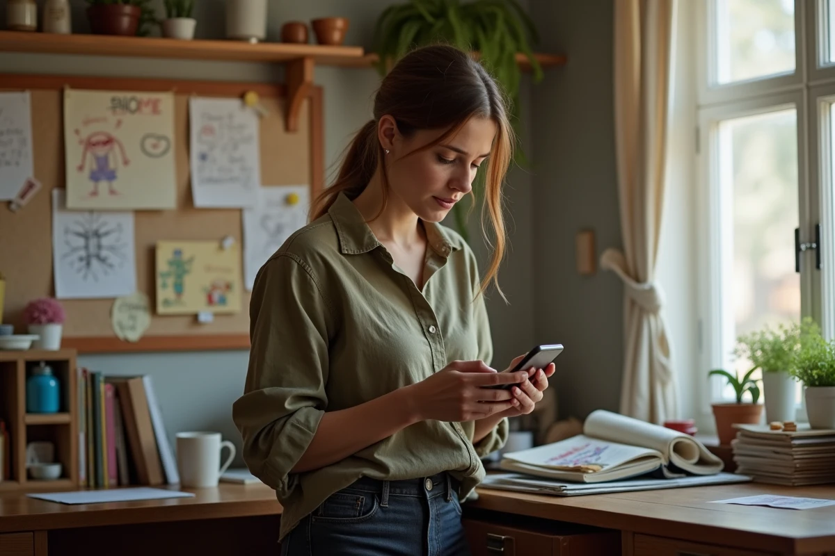 Mère de famille dans son bureau à la maison lisant des conseils parentaux sur son smartphone entourée de livres et de notes