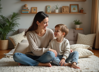 Parentalité positive : bien comprendre le concept et ses bienfaits Maman et son enfant discutent dans un salon chaleureux