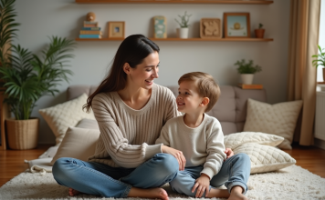 Parentalité positive : bien comprendre le concept et ses bienfaits Maman et son enfant discutent dans un salon chaleureux