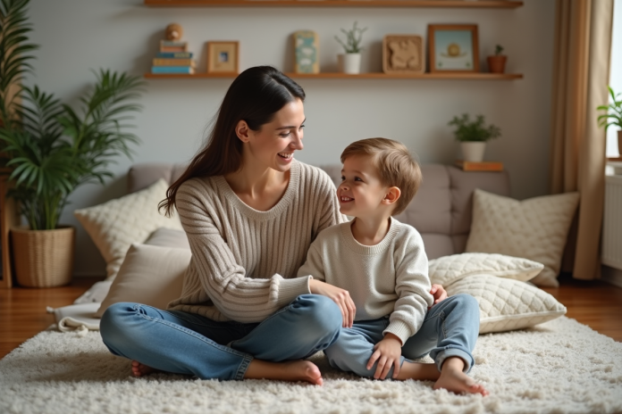Maman et son enfant discutent dans un salon chaleureux