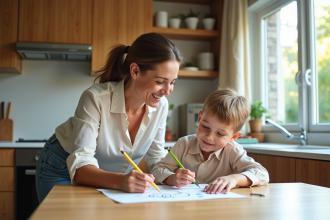 Maman et enfant dessinant dans la cuisine lumineuse