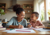 Maman seule aidant son enfant à faire ses devoirs dans la cuisine