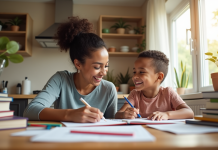 Maman seule aidant son enfant à faire ses devoirs dans la cuisine