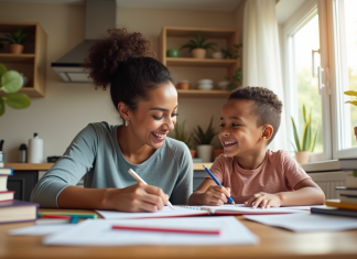 Maman seule aidant son enfant à faire ses devoirs dans la cuisine