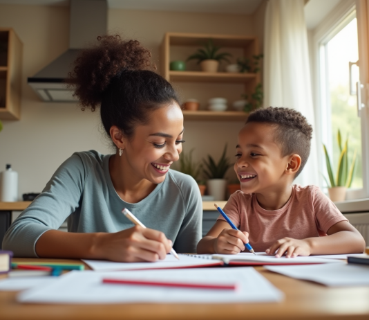 Maman seule aidant son enfant à faire ses devoirs dans la cuisine