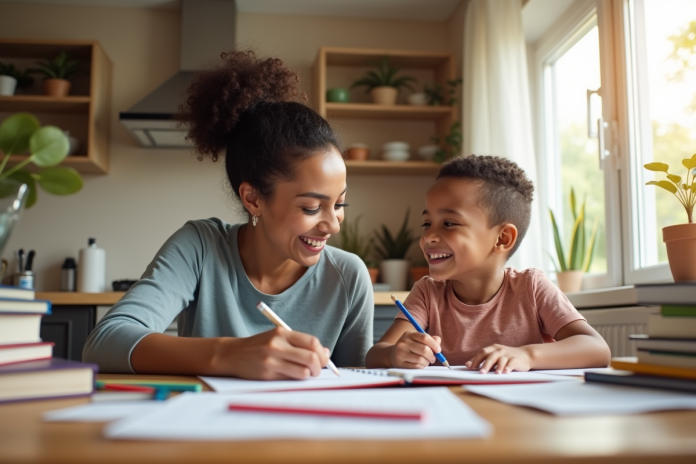 Maman seule aidant son enfant à faire ses devoirs dans la cuisine