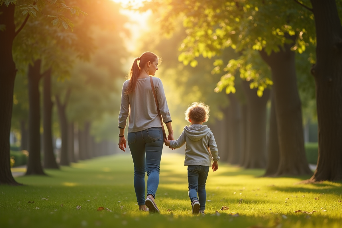 Maman et enfant se tenant la main dans un parc ensoleille