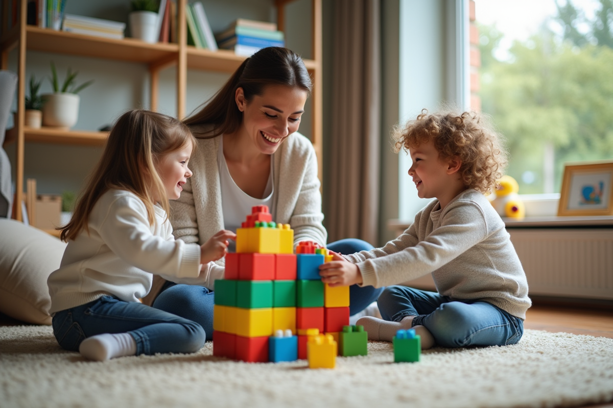 Maman joue avec ses enfants dans le salon chaleureux
