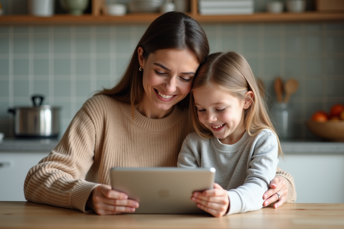 Maman et fille partageant un moment à la table de cuisine