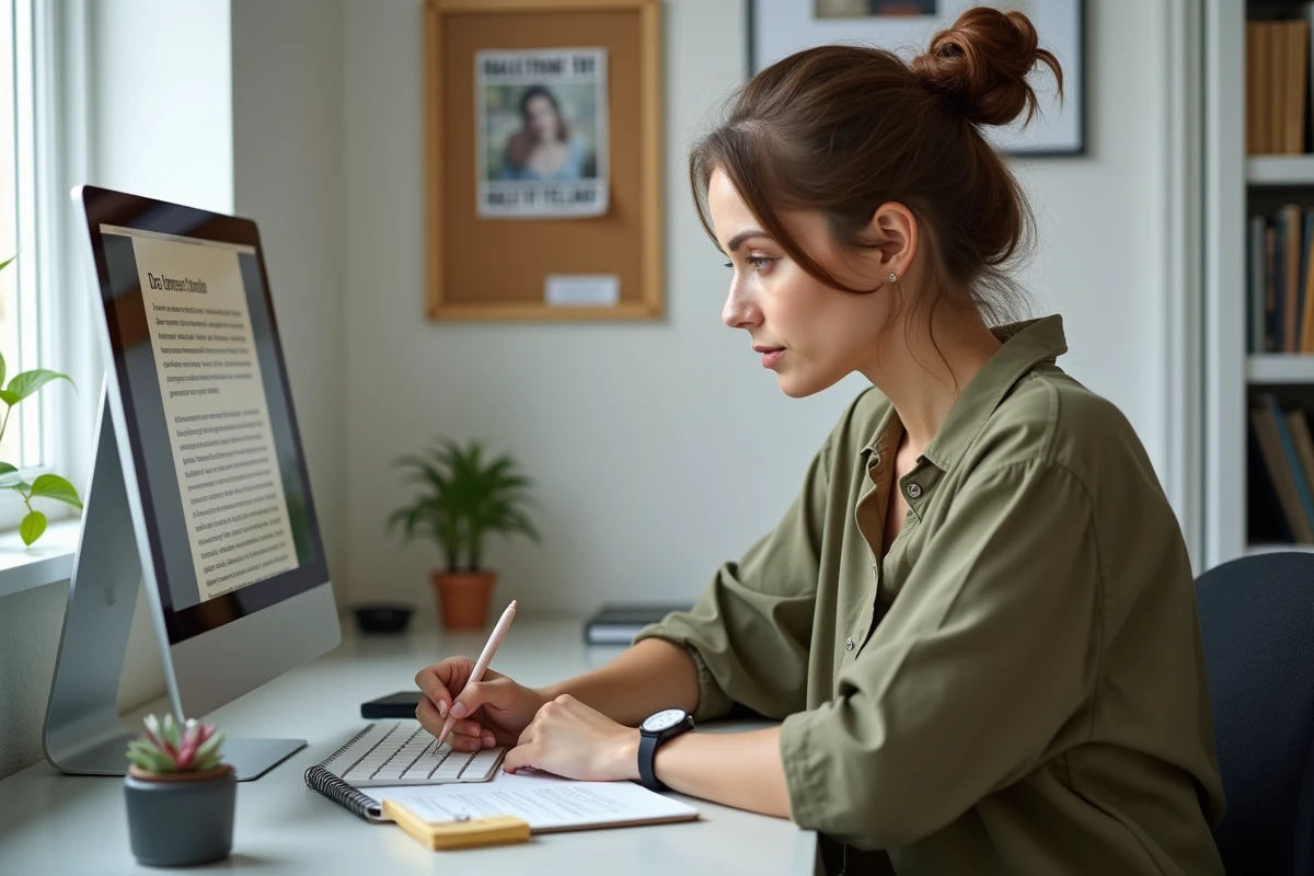 Maman organisée prenant des notes en lisant un blog de maternité dans son espace bureau à domicile
