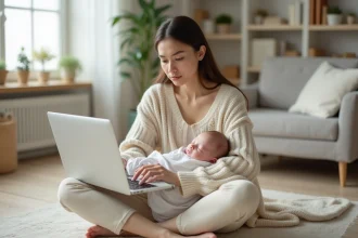 Jeune maman assise sur le sol avec son nouveau-né endormi, consultant un blog parentalité sur son ordinateur portable dans un salon scandinave chaleureux