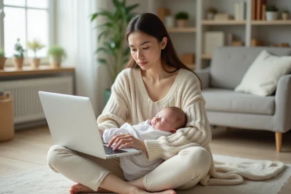Jeune maman assise sur le sol avec son nouveau-né endormi, consultant un blog parentalité sur son ordinateur portable dans un salon scandinave chaleureux