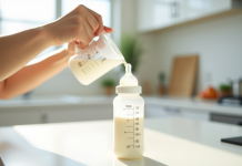 Maman verse du lait dans un biberon sur un plan de travail lumineux