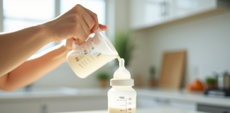 Maman verse du lait dans un biberon sur un plan de travail lumineux