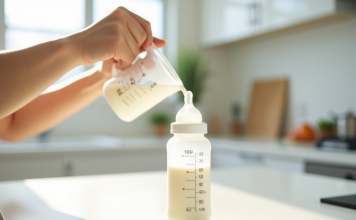 Comment convertir 40 ml en cl pour les repas de votre bébé Maman verse du lait dans un biberon sur un plan de travail lumineux