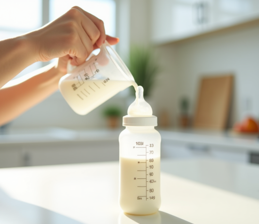 Maman verse du lait dans un biberon sur un plan de travail lumineux