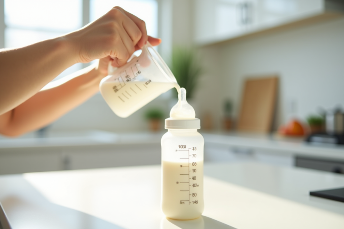 Maman verse du lait dans un biberon sur un plan de travail lumineux