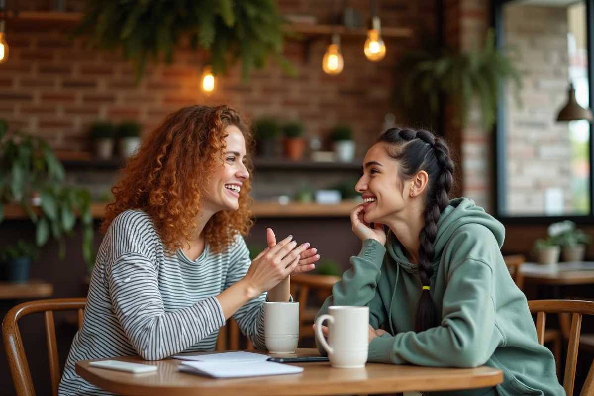 Deux mamans discutant de parentalité autour d'un café dans un bistrot urbain chaleureux avec carnets et téléphone sur la table