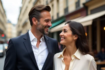 Couple complice dans un cadre parisien, illustrant le rôle de soutien du mari d'une personnalité publique