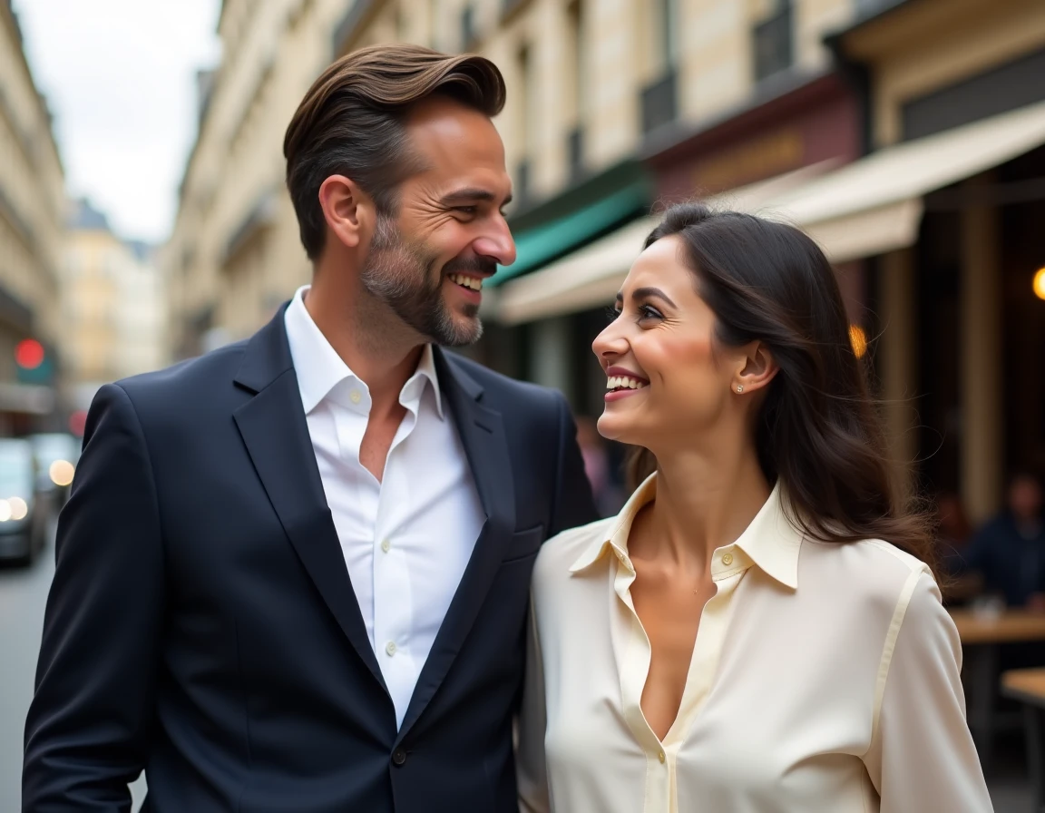 Couple complice dans un cadre parisien, illustrant le rôle de soutien du mari d'une personnalité publique