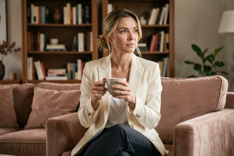 Femme élégante en blazer crème assise dans un salon lors d'une interview, tenant une tasse de café, atmosphère intime et sophistiquée