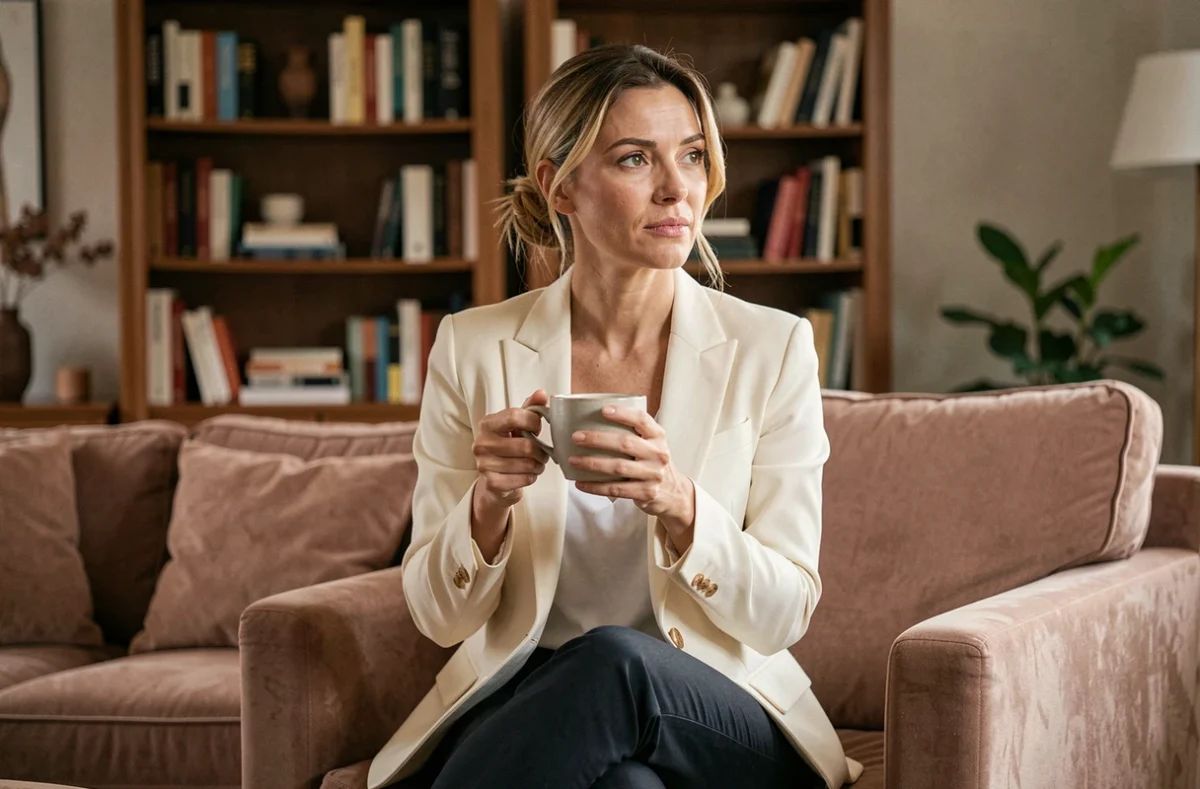 Femme élégante en blazer crème assise dans un salon lors d'une interview, tenant une tasse de café, atmosphère intime et sophistiquée
