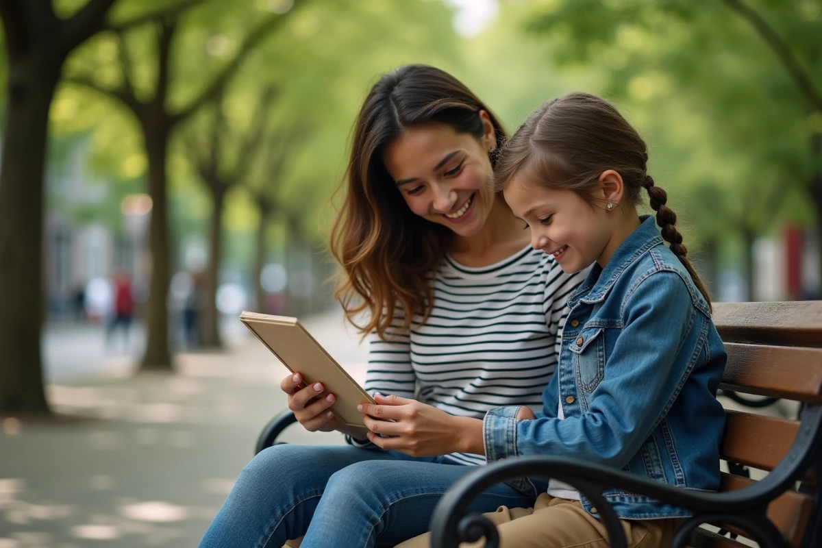 Marraine et filleule partageant une citation sur un banc de parc avec des rires complices