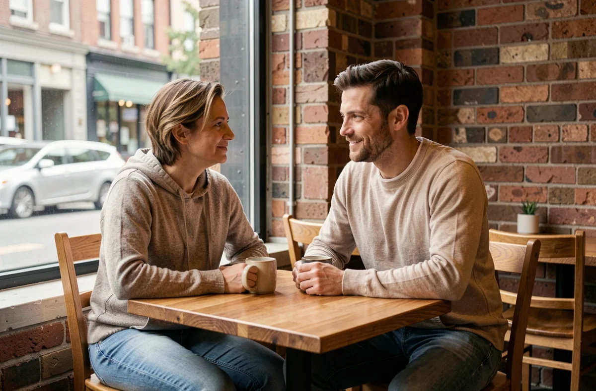 Couple partageant un moment intime dans un café urbain, illustrant la vie privée partagée sur les réseaux sociaux