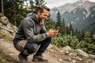 Coureur de trail athlétique regardant son téléphone avec tendresse en pleine nature, évoquant un moment d'intimité partagé sur les réseaux sociaux