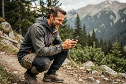 Coureur de trail athlétique regardant son téléphone avec tendresse en pleine nature, évoquant un moment d'intimité partagé sur les réseaux sociaux