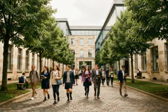 Cour d'une école privée en Loire-Atlantique avec des élèves de différents âges circulant sur un campus alliant bâtiments en pierre et architecture moderne