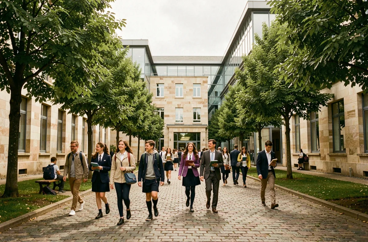 Cour d'une école privée en Loire-Atlantique avec des élèves de différents âges circulant sur un campus alliant bâtiments en pierre et architecture moderne
