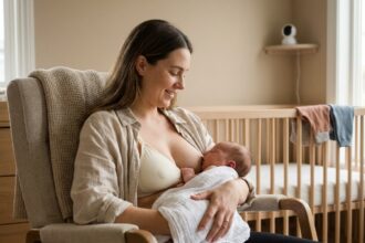 Jeune mère allaitant son nouveau-né dans un fauteuil à bascule dans une chambre de bébé cosy et apaisante