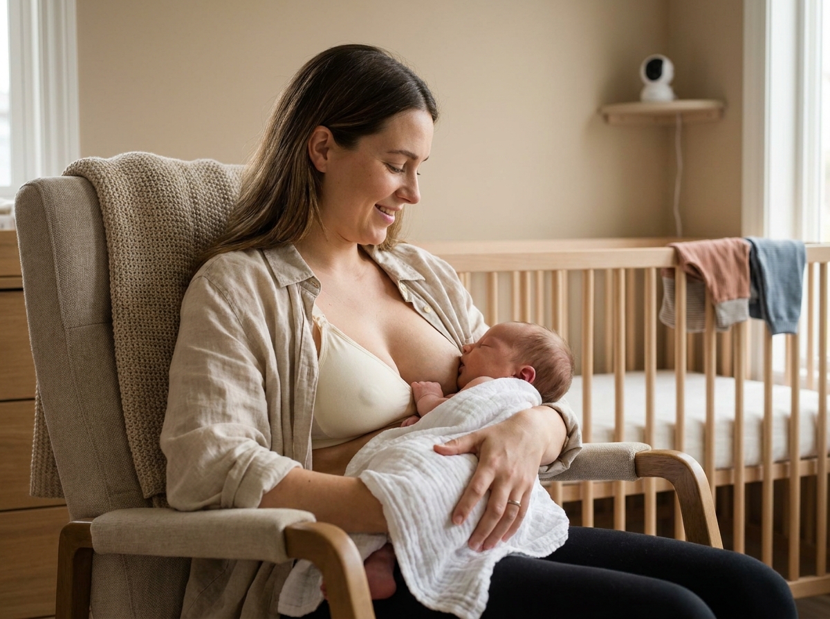 Jeune mère allaitant son nouveau-né dans un fauteuil à bascule dans une chambre de bébé cosy et apaisante