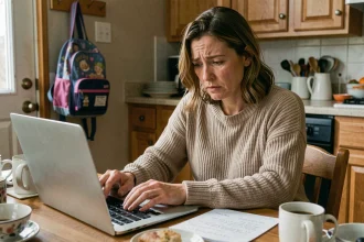 Mère débordée qui rédige un mot d'absence scolaire par email sur son ordinateur portable dans une cuisine familiale