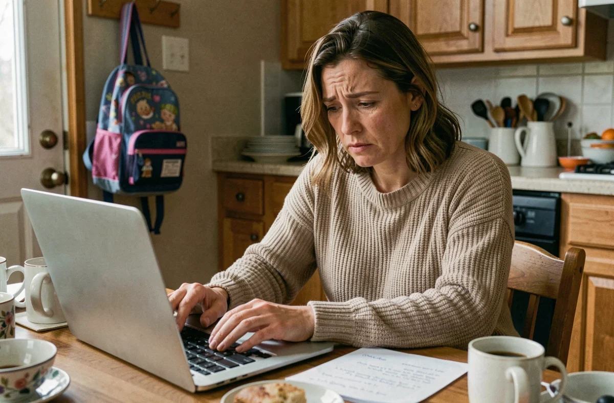 Mère débordée qui rédige un mot d'absence scolaire par email sur son ordinateur portable dans une cuisine familiale