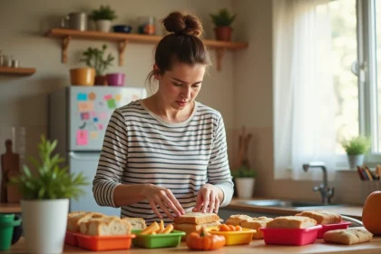 Mère préparant des repas faits maison pour ses enfants pendant la grève de la cantine scolaire