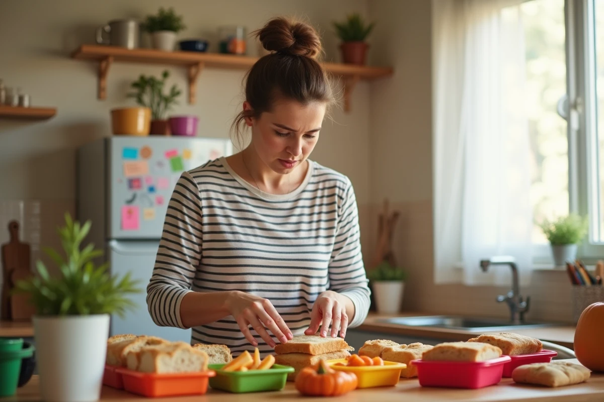 Mère préparant des repas faits maison pour ses enfants pendant la grève de la cantine scolaire