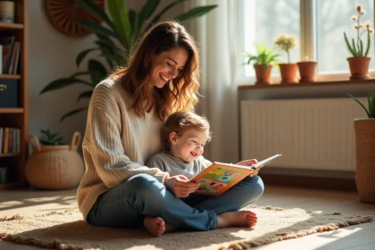 Mère solo riant avec son enfant en bas âge sur le sol d'un salon chaleureux en lisant un livre illustré